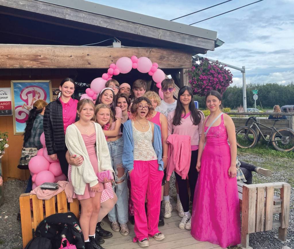 A group of high school students gets their pink on at the 7:15 p.m. evening showing of Barbie on Sunday, Aug. 13, 2023 at the Homer Theatre in Homer, Alaska. (Emilie Springer/Homer News)