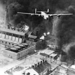 Public photo from the 44th Bomb Group Collection
A U.S. bomber nicknamed Sandman soars over an enemy fuel refinery in Romania on Aug. 1, 1943. Larry Lancashire was part of this U.S. mission and was shot down and captured.