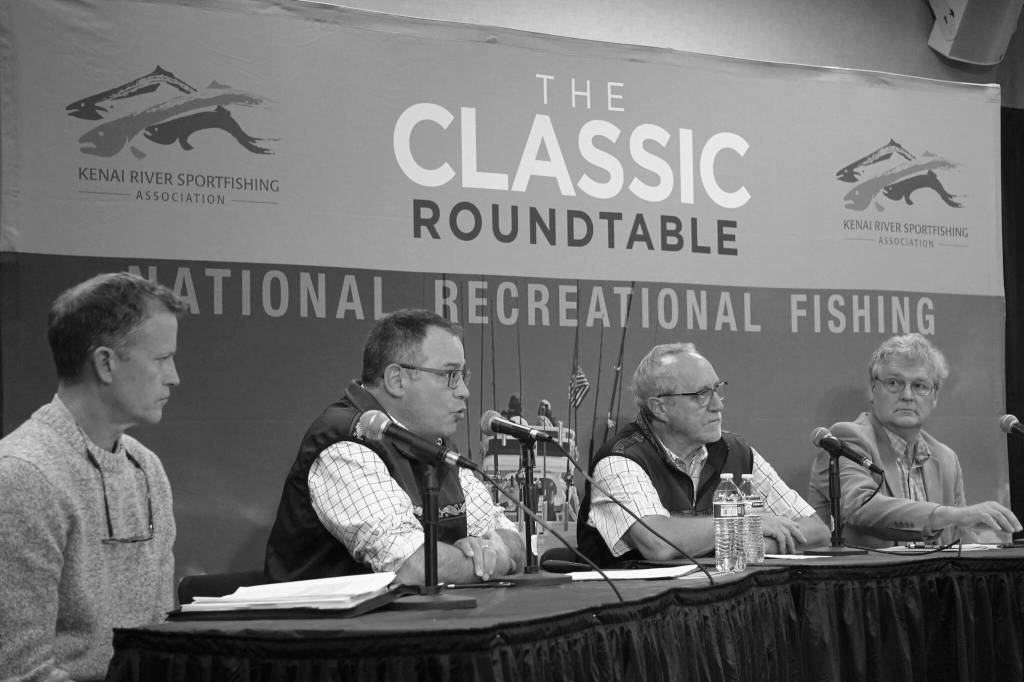 U.S. Fish and Wildlife Service Senior Advisor for Conservation Boyd Bilhovde, Bureau of Land Management Alaska Director Steve Cohn, Alaska Department of Fish and Game Commissioner Doug Vincent-Lang and Alaska State Parks Director Ricky Gease participate in a panel discussion at the Kenai River Sportfishing Association's Kenai Classic Roundtable at the Soldotna Regional Sports Complex in Soldotna, Alaska, on Wednesday, Aug. 23, 2023. (Jake Dye/Peninsula Clarion)