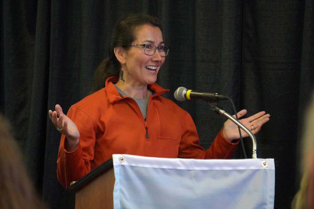 Rep. Mary Peltola delivers a keynote address at the Kenai River Sportfishing Associations Kenai Classic Roundtable at the Soldotna Regional Sports Complex in Soldotna, Alaska, on Wednesday, Aug. 23, 2023. (Jake Dye/Peninsula Clarion)