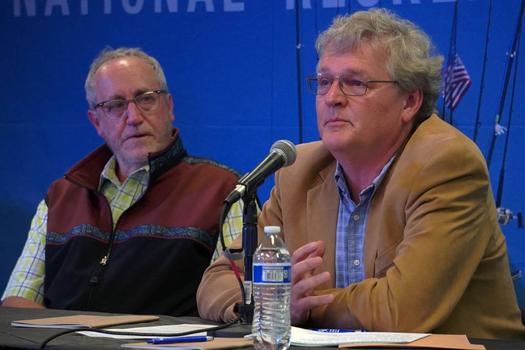 Alaska Department of Fish and Game Commissioner Doug Vincent-Lang and Alaska State Parks Director Ricky Gease participate in a panel discussion at the Kenai River Sportfishing Associations Kenai Classic Roundtable at the Soldotna Regional Sports Complex in Soldotna, Alaska, on Wednesday, Aug. 23, 2023. (Jake Dye/Peninsula Clarion)