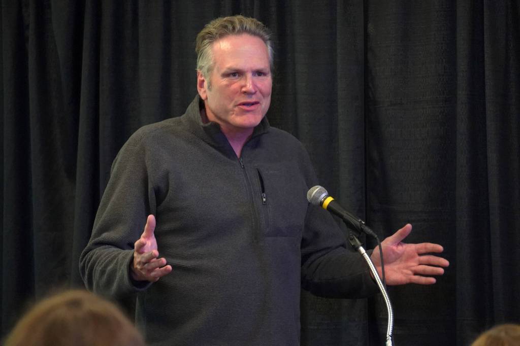 Gov. Mike Dunleavy delivers closing remarks at the Kenai River Sportfishing Associations Kenai Classic Roundtable at the Soldotna Regional Sports Complex in Soldotna, Alaska, on Wednesday, Aug. 23, 2023. (Jake Dye/Peninsula Clarion)