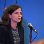 Colleen Litkenhaus, global director for plastics and circularity at Dow, presents a short film at the Kenai River Sportfishing Associations Kenai Classic Roundtable at the Soldotna Regional Sports Complex in Soldotna, Alaska, on Wednesday, Aug. 23, 2023. (Jake Dye/Peninsula Clarion)