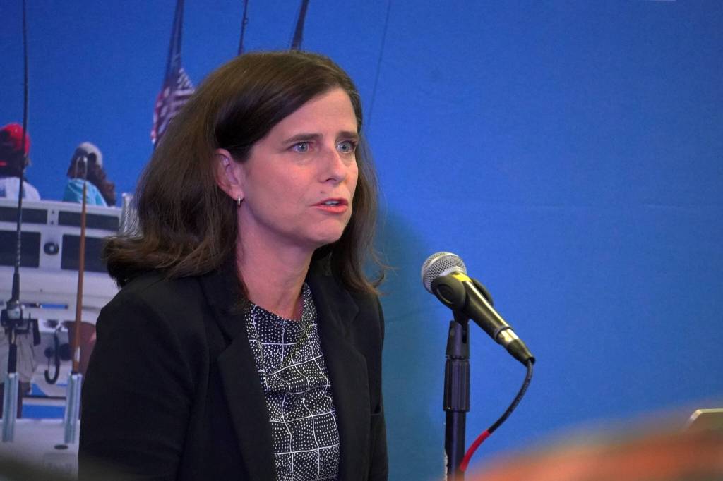 Colleen Litkenhaus, global director for plastics and circularity at Dow, presents a short film at the Kenai River Sportfishing Associations Kenai Classic Roundtable at the Soldotna Regional Sports Complex in Soldotna, Alaska, on Wednesday, Aug. 23, 2023. (Jake Dye/Peninsula Clarion)