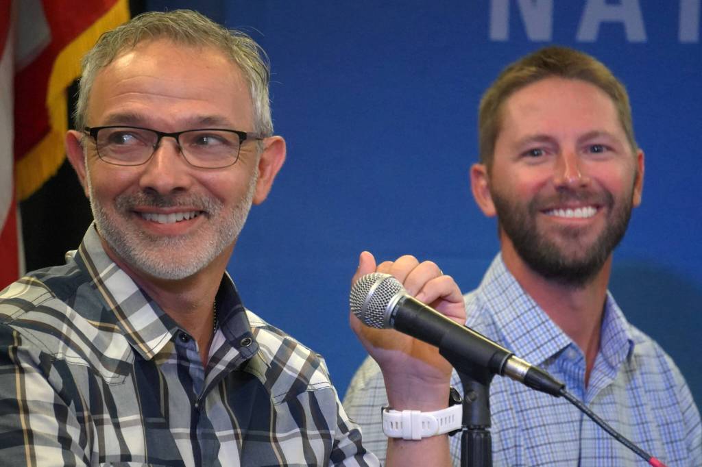 Andy Lipsky, Offshore Wind Program Lead for NOAA Fisheries, and Mike Waine, Atlantic Fisheries Policy Director for the American Sportfishing Association, participate in a panel discussion at the Kenai River Sportfishing Associations Kenai Classic Roundtable at the Soldotna Regional Sports Complex in Soldotna, Alaska, on Wednesday, Aug. 23, 2023. (Jake Dye/Peninsula Clarion)