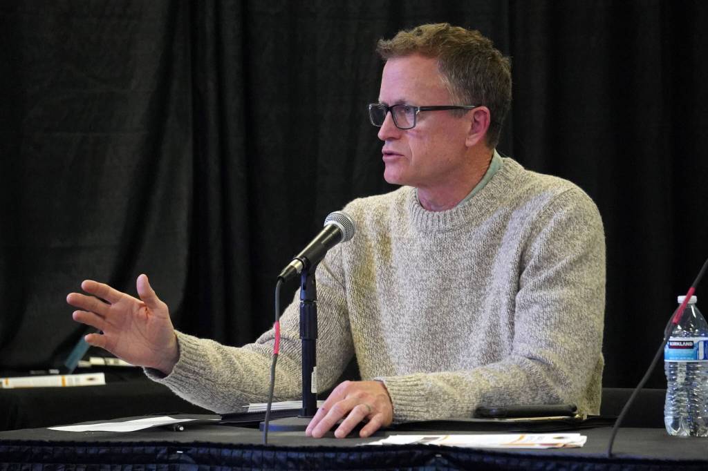 U.S. Fish and Wildlife Service Senior Advisor for Conservation Boyd Bilhovde participates in a panel discussion at the Kenai River Sportfishing Associations Kenai Classic Roundtable at the Soldotna Regional Sports Complex in Soldotna, Alaska, on Wednesday, Aug. 23, 2023. (Jake Dye/Peninsula Clarion)