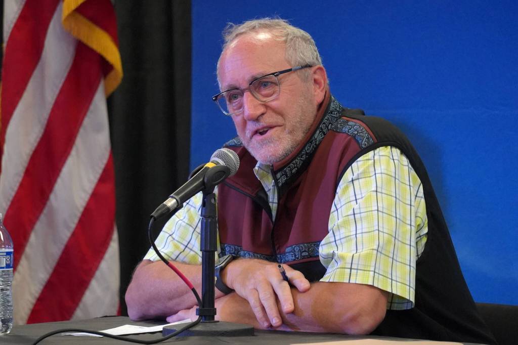 Alaska Department of Fish and Game Commissioner Doug Vincent-Lang participates in a panel discussion at the Kenai River Sportfishing Associations Kenai Classic Roundtable at the Soldotna Regional Sports Complex in Soldotna, Alaska, on Wednesday, Aug. 23, 2023. (Jake Dye/Peninsula Clarion)