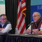 Bureau of Land Management Alaska Director Steve Cohn and Alaska Department of Fish and Game Commissioner Doug Vincent-Lang participate in a panel discussion at the Kenai River Sportfishing Associations Kenai Classic Roundtable at the Soldotna Regional Sports Complex in Soldotna, Alaska, on Wednesday, Aug. 23, 2023. (Jake Dye/Peninsula Clarion)