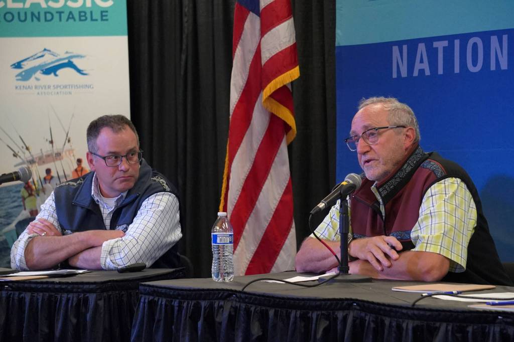 Bureau of Land Management Alaska Director Steve Cohn and Alaska Department of Fish and Game Commissioner Doug Vincent-Lang participate in a panel discussion at the Kenai River Sportfishing Associations Kenai Classic Roundtable at the Soldotna Regional Sports Complex in Soldotna, Alaska, on Wednesday, Aug. 23, 2023. (Jake Dye/Peninsula Clarion)