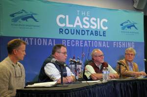U.S. Fish and Wildlife Service Senior Advisor for Conservation Boyd Bilhovde, Bureau of Land Management Alaska Director Steve Cohn, Alaska Department of Fish and Game Commissioner Doug Vincent-Lang and Alaska State Parks Director Ricky Gease participate in a panel discussion at the Kenai River Sportfishing Associations Kenai Classic Roundtable at the Soldotna Regional Sports Complex in Soldotna, Alaska, on Wednesday, Aug. 23, 2023. (Jake Dye/Peninsula Clarion)