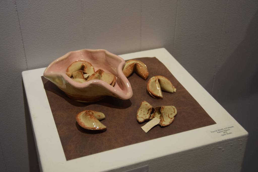 Kammi Matsons handbuilt ceramics piece, Youre Worth a Fortune, is on display at Homer Council on the Arts First Friday showcase on Sept. 1 in Homer, Alaska. (Delcenia Cosman/Homer News)