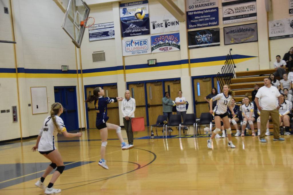 Homer captain and outside hitter Regan Baker bumps the ball to her teammate at the varsity game versus Soldotna on Friday, Sept. 1, 2023 in Homer, Alaska. (Delcenia Cosman/Homer News)