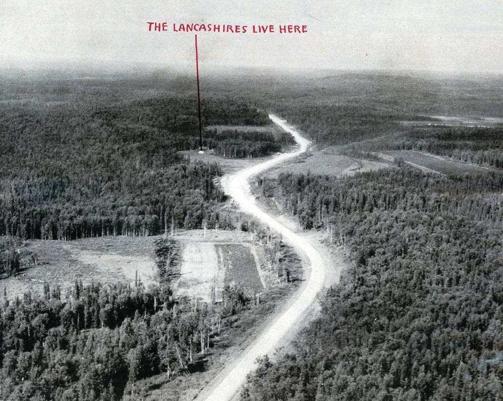 1954 photo by Bob and Ira Spring for Better Homes & Garden magazine
The angle of this aerial photograph flattens the scene, but this view of the Lancashire homestead was taken above the bottom of Pickle Hill on the Kenai Spur Highway, looking toward Kenai. Lancashire agricultural fields can be seen to the left and right of the highway.