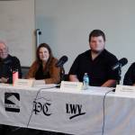 Paul Whitney, Chera Wackler, Garrett Dominick and Dan Nelson participate in a Soldotna City Council candidate forum at the Soldotna Public Library in Soldotna, Alaska, on Monday, Sept. 4, 2023. (Jake Dye/Peninsula Clarion)