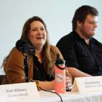 Chera Wackler and Garrett Dominick participate in a Soldotna City Council candidate forum at the Soldotna Public Library in Soldotna, Alaska, on Monday, Sept. 4, 2023. (Jake Dye/Peninsula Clarion)
