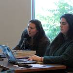 Moderators Riley Board and Ashlyn OHara ask questions of participants in a Soldotna City Council candidate forum at the Soldotna Public Library in Soldotna, Alaska, on Monday, Sept. 4, 2023. (Jake Dye/Peninsula Clarion)