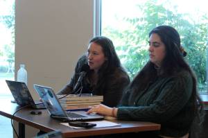Moderators Riley Board and Ashlyn OHara ask questions of participants in a Soldotna City Council candidate forum at the Soldotna Public Library in Soldotna, Alaska, on Monday, Sept. 4, 2023. (Jake Dye/Peninsula Clarion)