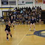 Setter Rebecca Trowbridge bumps the ball at the varsity game against the Kenai Kardinals on Saturday, Sept. 9, 2023 in the Alice Witte Gymnasium at Homer High School in Homer, Alaska. (Delcenia Cosman/Homer News)