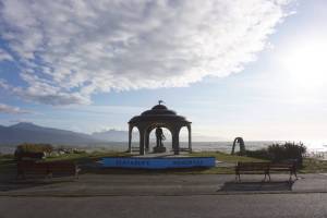 The Homer Spit's Seafarer's Memorial looks out at a sunny yet brisk fall afternoon on Sunday, Sep. 17, 2023 in Homer, Alaska. (Finn Heimbold/Homer News)
