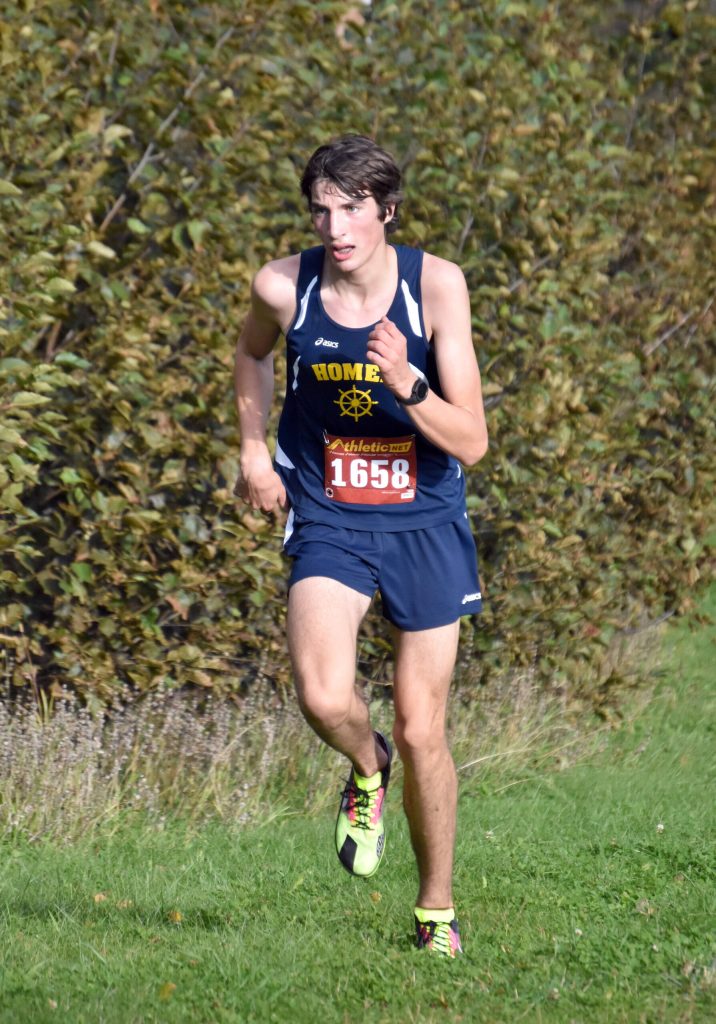 Photo by Jeff Helminiak/Peninsula Clarion
Homers Johannes Bynagle finishes second in the Kenai Peninsula Borough boys varsity race Thursday, Sept. 21, 2023, at Tsalteshi Trails just outside of Soldotna, Alaska.