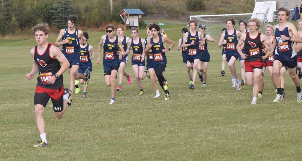 Photo by Jeff Helminiak/Peninsula Clarion
Kenai Centrals Greg Fallon takes the lead on the way to victory in the Kenai Peninsula Borough boys varsity race Thursday, Sept. 21, 2023, at Tsalteshi Trails just outside of Soldotna, Alaska.
