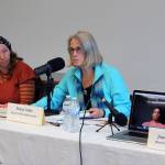 Lyndsey Bertoldo, Penny Vadla and Jason Tauriainen participate in a Kenai Peninsula Borough School District Board of Education candidate forum at the Soldotna Public Library in Soldotna, Alaska, on Monday, Sept. 25, 2023. (Jake Dye/Peninsula Clarion)