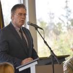 Kenai Mayor Brian Gabriel speaks a signing ceremony for a project partnership agreement for the Kenai Bluff Stabilization Project at the Kenai Senior Center on Monday, Sept. 25, 2023, in Kenai, Alaska. (Jeff Helminiak/Peninsula Clarion)