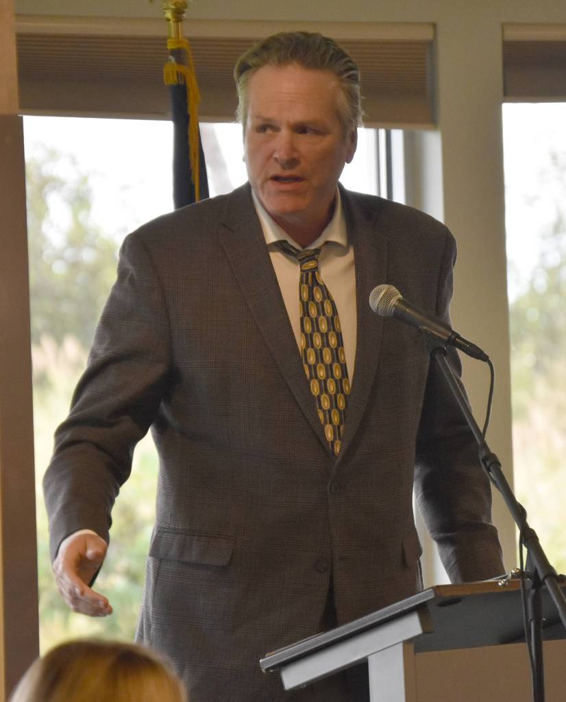 Gov. Mike Dunleavy speaks a signing ceremony for a project partnership agreement for the Kenai Bluff Stabilization Project at the Kenai Senior Center on Monday, Sept. 25, 2023, in Kenai, Alaska. (Jeff Helminiak/Peninsula Clarion)