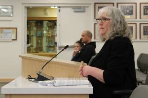 Ashlyn OHara/Peninsula Clarion
Kenai Peninsula Borough School District Board Member Debbie Cary speaks during a meeting of the Kenai Peninsula Borough Assembly on Tuesday, April 5, 2022, in Soldotna.