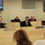 From front left, Connections Homeschool Principal Doug Hayman, Kenai Peninsula Borough Mayor Peter Micciche and KPBSD Superintendent Clayton Holland listen to families during a community conversation on Thursday, Oct. 5, 2023, in Soldotna, Alaska. (Ashlyn OHara/Peninsula Clarion)