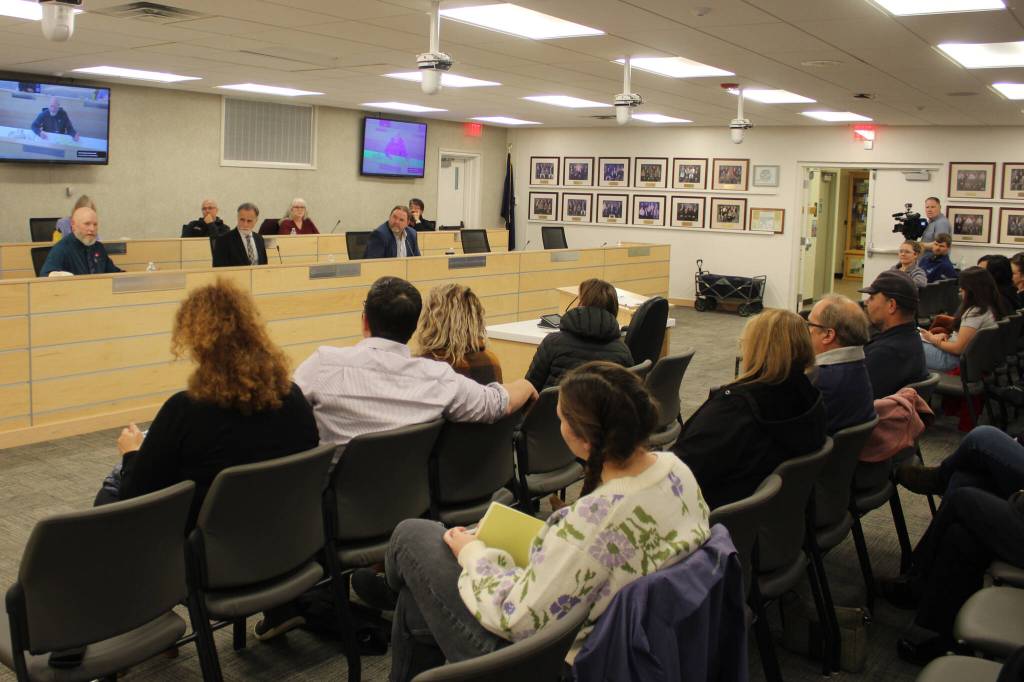 Attendees listen to Connections Homeschool Principal Doug Hayman (top left) speak during a community conversation about home-schooling on Thursday, Oct. 5, 2023, in Soldotna, Alaska. (Ashlyn OHara/Peninsula Clarion)