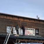 The marquee at the Homer Theatre gets some new lighting on Friday, Oct. 13, 2023 in Homer, Alaska. (Finn Heimbold/Homer News)