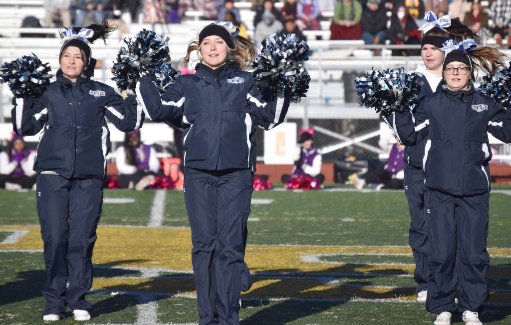 The Soldotna cheerleaders perform at halftime Saturday, Oct. 21, 2023, at the Division II championship game at Service High School in Anchorage, Alaska. (Photo by Jeff Helminiak/Peninsula Clarion)