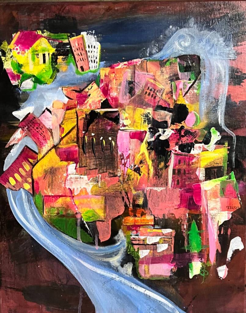 Waterfall City, a acrylic painting by Emily Camacho, is on display in her solo exhibit at Fireweed Gallery through November. Photo provided by Fireweed Gallery