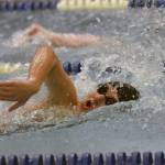 Kenai Centrals Abigail Price finishes second in the 500-yard freestyle Saturday, Oct. 28, 2023, at the Northern Lights Conference swim meet at Soldotna High School in Soldotna, Alaska. (Photo by Jeff Helminiak/Peninsula Clarion)