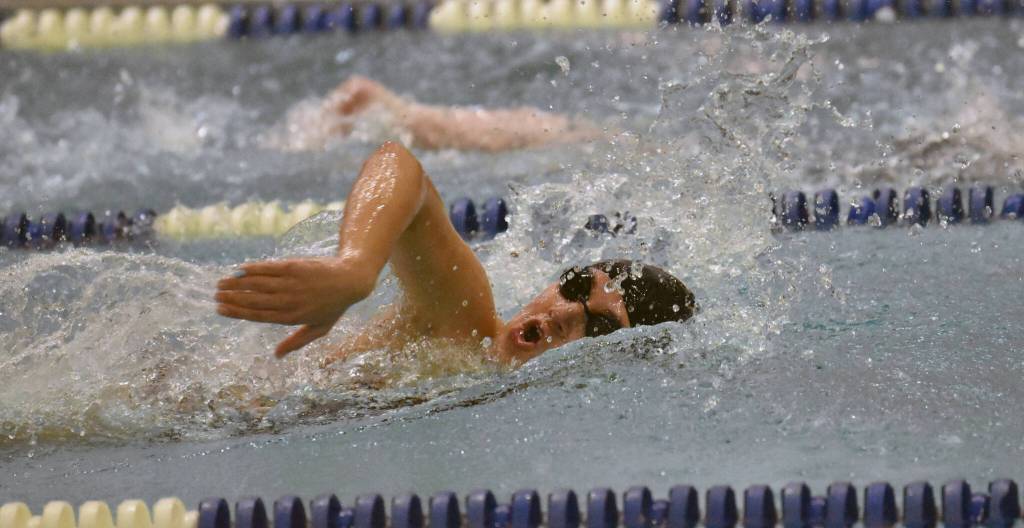 Kenai Centrals Abigail Price finishes second in the 500-yard freestyle Saturday, Oct. 28, 2023, at the Northern Lights Conference swim meet at Soldotna High School in Soldotna, Alaska. (Photo by Jeff Helminiak/Peninsula Clarion)