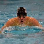 Kenai Centrals David Price takes second in the 100-yard breaststroke Saturday, Oct. 28, 2023, at the Northern Lights Conference swim meet at Soldotna High School in Soldotna, Alaska. (Photo by Jeff Helminiak/Peninsula Clarion)