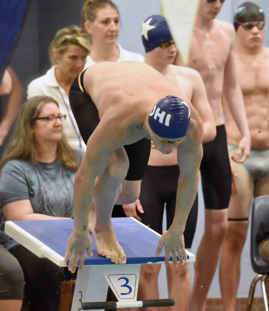 Soldotnas Nikita Monyahan starts off his teams second-place finish in the 200-yard freestyle relay Saturday, Oct. 28, 2023, at the Northern Lights Conference swim meet at Soldotna High School in Soldotna, Alaska. (Photo by Jeff Helminiak/Peninsula Clarion)