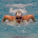 Soldotnas Charisma Watkins win the 100-yard butterfly Saturday, Oct. 28, 2023, at the Northern Lights Conference swim meet at Soldotna High School in Soldotna, Alaska. (Photo by Jeff Helminiak/Peninsula Clarion)