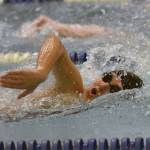 Kenai Central's Abigail Price finishes second in the 500-yard freestyle Saturday, Oct. 28, 2023, at the Northern Lights Conference swim meet at Soldotna High School in Soldotna, Alaska. (Photo by Jeff Helminiak/Peninsula Clarion)