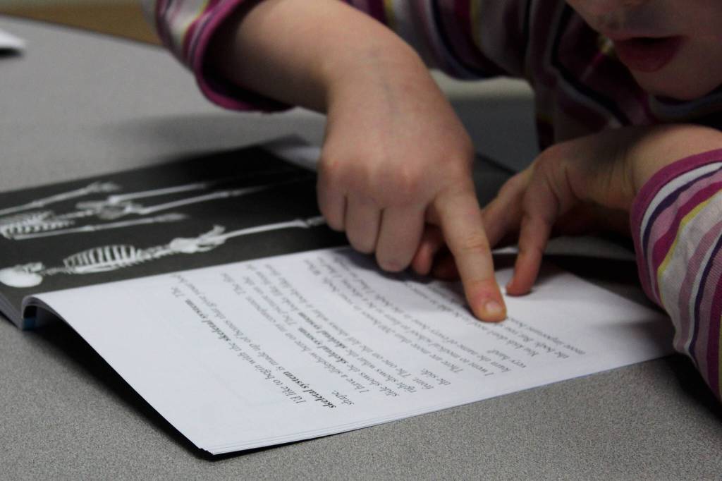 A student reads aloud from part of CKLAs Third Grade How Does Your Body Work? unit at Hope School on Wednesday, Oct. 18, 2023, in Hope, Alaska. (Ashlyn OHara/Peninsula Clarion)