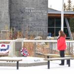 A wreath is placed on the American Legion General Buckner Post/Unit 16 Veterans Memorial during the Veterans Day service at the Alaska Maritime National Wildlife Refuge Visitor Center on Saturday, Nov. 11, 2023 in Homer, Alaska. (Delcenia Cosman/Homer News)