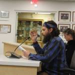 Adam Bertoldo testifies in opposition to a resolution only permitting certain chaplains to deliver invocations before Kenai Peninsula Borough Assembly meetings on Tuesday, Nov. 7, 2023, in Soldotna, Alaska. (Ashlyn OHara/Peninsula Clarion)