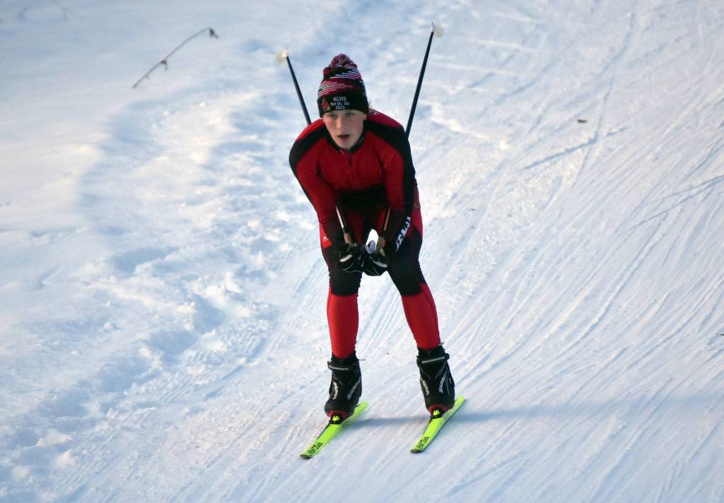 Kenai Centrals Chase Laker skis to victory in the Turkey Skate on Tuesday, Nov. 21, 2023, at Tsalteshi Trails just outside of Soldotna, Alaska. (Photo by Jeff Helminiak/Peninsula Clarion)