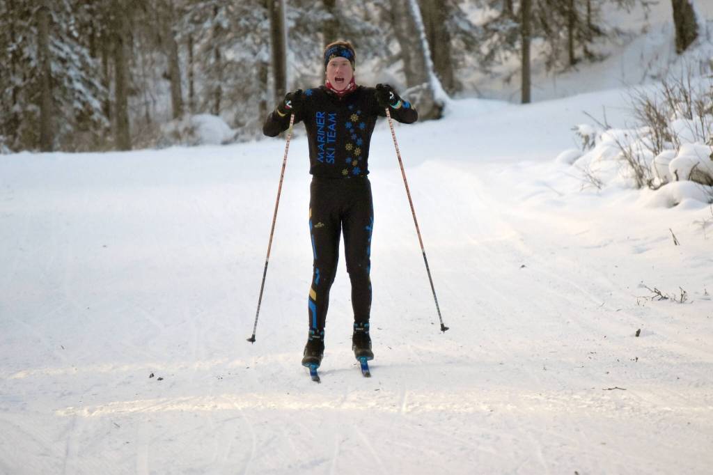 Homers Jody Goodrich double-poles down a hill at the Turkey Skate on Tuesday, Nov. 21, 2023, at Tsalteshi Trails just outside of Soldotna, Alaska. (Photo by Jeff Helminiak/Peninsula Clarion)