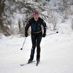 Homers Jaela Marchbanks rounds a corner at the Turkey Skate on Tuesday, Nov. 21, 2023, at Tsalteshi Trails just outside of Soldotna, Alaska. (Photo by Jeff Helminiak/Peninsula Clarion)