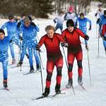 Kenai Centra's Jack Laker leads skiers at the start of the Turkey Skate on Tuesday, Nov. 21, 2023, at Tsalteshi Trails just outside of Soldotna, Alaska. (Photo by Jeff Helminiak/Peninsula Clarion)