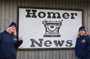 Homer News multimedia sales consultant Callie Steinberg and Peninsula Clarion regional sales manager Cara Hall pose outside the Homer News Office on Friday, Dec. 5, 2023.