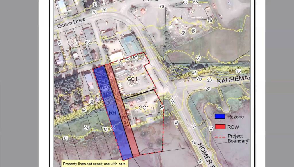 A map showing the proposed rezoning of a rural residential lot to general commerical 1 was part of a presentation to the planning commission and the public by city planner Ryan Foster on Wednesday, Dec. 6, 2023 in the Homer City Hall Cowles Council Chambers in Homer, Alaska. Screenshot.