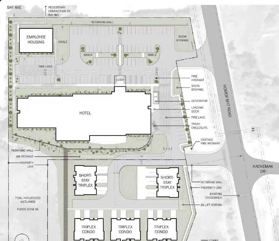 The site map for the proposed development at the former Lighthouse Village was shown to the planning commission and attendees of the public hearing on Wednesday, Dec. 6, 2023 in the Homer City Hall Cowles Council Chambers in Homer, Alaska. Screenshot.